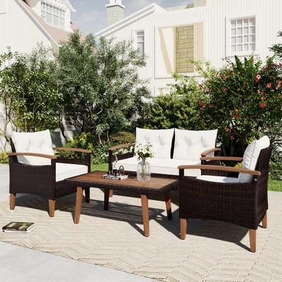 FURNIinspire Patio Seating Sets 4-Pieces Outdoor Wicker Seating Set, Conversation Sofa Set, Sofa Set And Wood Table, Brown And Beige, 46“*25”*28“ 3 FURNIinspire Patio Seating Sets 4-Pieces Outdoor Wicker Seating Set, Conversation Sofa Set, Sofa Set And Wood Table, Brown And Beige, 46“*25”*28“