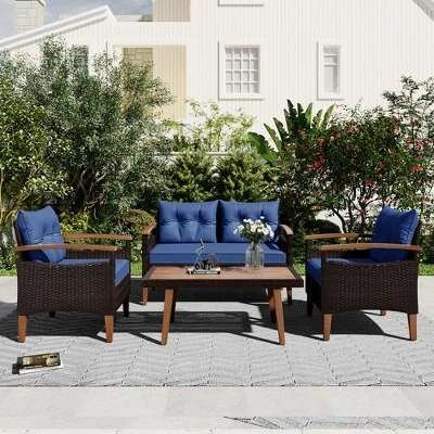 FURNIinspire Patio Seating Sets 4-Pieces Outdoor Wicker Seating Set, Conversation Sofa Set, Sofa Set And Wood Table, Brown And Blue, 46“*25”*28“ 5 FURNIinspire Patio Seating Sets 4-Pieces Outdoor Wicker Seating Set, Conversation Sofa Set, Sofa Set And Wood Table, Brown And Blue, 46“*25”*28“ - Image 3
