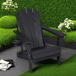 FURNIinspire Patio Accent Chairs Folding Adirondack Chair, Outdoor Adirondack Chair With Cup Holder, Wood Texture Folding Chair, Black, 32"*29"*36" -HV GUEST 07bd358b 9e2c 4713 98bd 9dd3edde25ea
