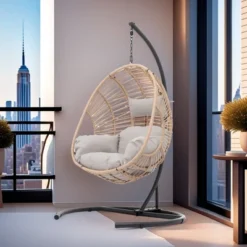 FURNIinspire Patio Swings Wicker Swing Egg Chair With Stand, Outdoor Indoor Hanging Chair With Beige Seat Cushion, Natural Color, 42“*47"*73" -HV GUEST 088f6f4e 0b7d 4e8c 9491 51a97521f158
