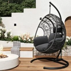 FURNIinspire Patio Swings Hanging Chair With Seat Cushion For Relaxation, Outdoor Indoor Wicker Swing Egg Chair With Stand, Gray, 42“*47"*73" -HV GUEST 0a608960 767f 4b76 921f 4e8c34ac05d2