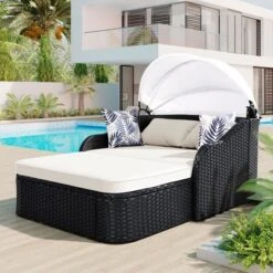 FURNIinspire Patio Chaise Lounges Outdoor Sunbed With Adjustable Canopy, Patio Chaise Lounge, Black Wicker Daybed And Beige Cushion, 79.9“*52.4"*49.6" -HV GUEST 0b703d88 16d6 486f a8c0 b219d8dfe379