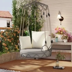 FURNIinspire Patio Swings Outdoor Porch Swing Chair Hanging Basket For Backyard, Garden, Hanging Chair With UV Resistant Cushion, Beige, 34"*32"*77" -HV GUEST 0c06a601 2fd3 4985 9a0c 29d38b121ed5