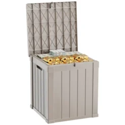 FURNIinspire Deck Boxes 50 Gallon Deck Box, Outdoor And Indoor Storage Container, Waterproof Resin Storage Bin, Storage Box, Light Brown, 22“*22”*24“ -HV GUEST 0e95f126 7317 4296 9500 26d03f1facf0