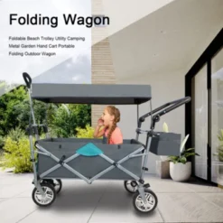 FURNIinspire Outdoor Serving Carts Push Pull Utility Folding Wagon With Removable Canopy For Camping Beach Outdoor, Gray, 50"*20.47"*43.3" -HV GUEST 0fa01ac2 fc9d 435b 9351 e99c84bd6269