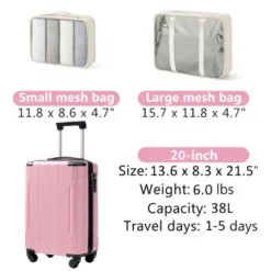 FURNIinspire Bag And Luggage Sets 20 Inch Luggage Set, Lightweight Checked Suitcase With 2 Mesh Bag Travel Business, Pink, 8.3"*13.6"*21.5" -HV GUEST 1040deb3 f9f4 474e b166 7477174b3278