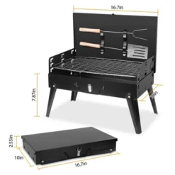FURNIinspire Outdoor Grills, Griddles And Smokers 3 Level Adjustable Outdoor BBQ With Wind Guard Tools For Camping, Picnics, Black, 17.7"*11.02"*3.1"