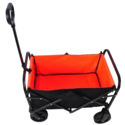 FURNIinspire Wheelbarrows And Lawn Carts Outdoor Mini Folding Wagon Garden Shopping Beach Cart, Lawn Cart With Handle, Black And Orange, 30“*15"*36"