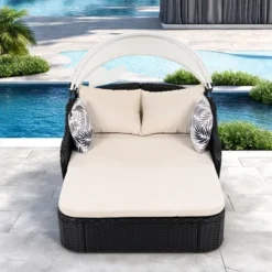 FURNIinspire Patio Chaise Lounges Outdoor Sunbed With Adjustable Canopy, Patio Chaise Lounge, Black Wicker Daybed And Beige Cushion, 79.9“*52.4"*49.6"