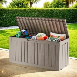 FURNIinspire Deck Boxes 75 Gallon Waterproof Resin Deck Box, Outdoor Storage Container Storage Bin, All Weather Use, Light Brown, 18“*46”*23“