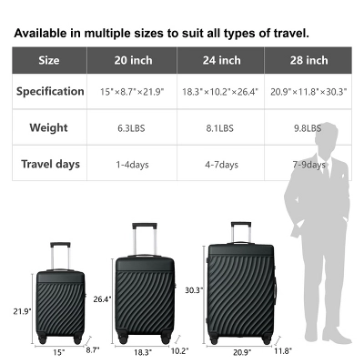 FURNIinspire Bag And Luggage Sets 3 Piece Rolling Luggage Travel Suitcase Set, Lightweight Durable Suitcases With Wheels, Black , 21.06"*11.81"*30.31" 4 FURNIinspire Bag And Luggage Sets 3 Piece Rolling Luggage Travel Suitcase Set, Lightweight Durable Suitcases With Wheels, Black , 21.06"*11.81"*30.31" - Image 2