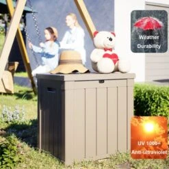 FURNIinspire Deck Boxes 50 Gallon Deck Box, Outdoor And Indoor Storage Container, Waterproof Resin Storage Bin, Storage Box, Light Brown, 22“*22”*24“ -HV GUEST 2ec0698a 8287 4dfb 990b d5d2b44a4061