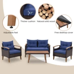FURNIinspire Patio Seating Sets 4-Pieces Outdoor Wicker Seating Set, Conversation Sofa Set, Sofa Set And Wood Table, Brown And Blue, 46“*25”*28“ 10 FURNIinspire Patio Seating Sets 4-Pieces Outdoor Wicker Seating Set, Conversation Sofa Set, Sofa Set And Wood Table, Brown And Blue, 46“*25”*28“ -HV GUEST 348a1ef8 0897 40e9 b158 4ae925644b93