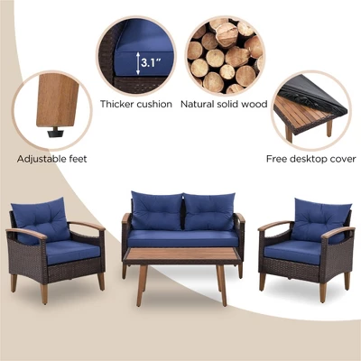 FURNIinspire Patio Seating Sets 4-Pieces Outdoor Wicker Seating Set, Conversation Sofa Set, Sofa Set And Wood Table, Brown And Blue, 46“*25”*28“ 6 FURNIinspire Patio Seating Sets 4-Pieces Outdoor Wicker Seating Set, Conversation Sofa Set, Sofa Set And Wood Table, Brown And Blue, 46“*25”*28“ - Image 4