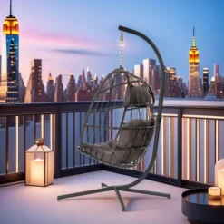 FURNIinspire Patio Swings Outdoor Indoor Outdoor Wicker Hanging Chair Swing Chair Egg Chair, Patio Swing With Gray Cushion, Gray, 36“*36"*77" -HV GUEST 3541a914 6e24 4643 9d20 55779d9cd4c4