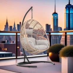 FURNIinspire Patio Swings Wicker Swing Egg Chair With Stand, Outdoor Indoor Hanging Chair With Beige Seat Cushion, Natural Color, 42“*47"*73" -HV GUEST 3f7de621 b8d2 470f 9d09 f233f0f620a5