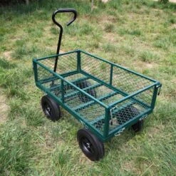FURNIinspire Wheelbarrows And Lawn Carts Solid Wheels Tools Cart Wagon Cart, Metal Lawn Cart For Picnic, Shopping, Green, 37“*19"*45"