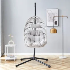 FURNIinspire Patio Swings Hanging Chair With Wicker Weave, Single Person Swing With Seat Cushion For Indoor And Outdoor, Gray, 37“*37"*79" -HV GUEST 48525dfa c243 4054 ab7b b0d7cca55b51