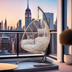 FURNIinspire Patio Swings Wicker Swing Egg Chair With Stand, Outdoor Indoor Hanging Chair With Beige Seat Cushion, Natural Color, 42“*47"*73" -HV GUEST 4dbb1407 471f 4dec aeea 18160973a6b3