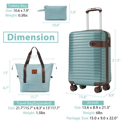 FURNIinspire Bag And Luggage Sets 3 Piece Carry On Luggage Sets, Lightweight Hard Shell Suitcase With Wheel, Bag Set, Blue, 8.9"*13.6"*21.3" 4 FURNIinspire Bag And Luggage Sets 3 Piece Carry On Luggage Sets, Lightweight Hard Shell Suitcase With Wheel, Bag Set, Blue, 8.9"*13.6"*21.3" - Image 2