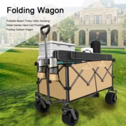 FURNIinspire Outdoor Serving Carts Heavy Duty Foldable Utility Wagon Terrain Quiet Wheels For Camping Gardening Picnic, Brown, 38.58"*24.02"*39.17" -HV GUEST 5551bbce 37f6 45d9 80c3 986f3b5574d0