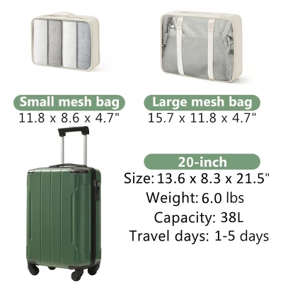 FURNIinspire Bag And Luggage Sets 20 Inch Luggage Set, Lightweight Checked Suitcase With 2 Mesh Bag Travel, Blackish Green, 8.3"*13.6"*21.5" 4 FURNIinspire Bag And Luggage Sets 20 Inch Luggage Set, Lightweight Checked Suitcase With 2 Mesh Bag Travel, Blackish Green, 8.3"*13.6"*21.5" - Image 2