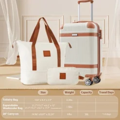 FURNIinspire Bag And Luggage Sets 3 Piece Hard Shell Luggage Set, Carry-On Suitcase With Toiletry Bag, Weekender Bag, White, 8.07"*14.96"*22.24" -HV GUEST 5635256b 60de 4889 abae bd816e54467e