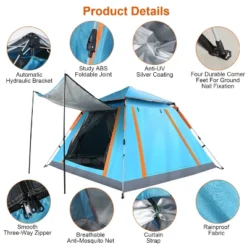 FURNIinspire Camping Tents Pop-Up Waterproof Camping Tent, Family Camping Tent With 2 Mosquito Nets Windows, Blue, 84.65"*84.65"*53.54"