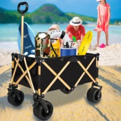 FURNIinspire Outdoor Serving Carts Aluminum Alloy Folding Wagon Utility Beach Wagon Cart For Sand With Big Wheels, Black, 38"*21.5"*34.5" -HV GUEST 5d5a299f 0d5d 48f7 807b 1a5e1752430b