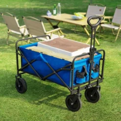 FURNIinspire Wheelbarrows And Lawn Carts Collapsible Folding Wagon Car, Heavy Duty Utility Wagon With All-Terrain Wheels, Blue, 20"*34.6"*39"