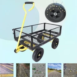 FURNIinspire Wheelbarrows And Lawn Carts Tools Cart Wagon Cart, Garden Cart Trucks With Solid Wheels And Yellow Handle, Black, 37“*19"*40" -HV GUEST 65912bf0 7f93 46ba aa6d 2df848a30da5