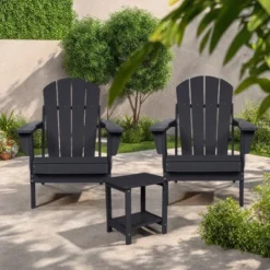FURNIinspire Patio Seating Sets Folding Adirondack Chairs With Side Table, 3-Piece Rocking Chairs Set With Wood Texture, Black, 30“*28”*35“ -HV GUEST 6652c3e2 eae3 4cb6 a1c1 84d25626d890