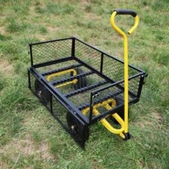FURNIinspire Wheelbarrows And Lawn Carts Tools Cart Wagon Cart, Garden Cart Trucks With Solid Wheels And Yellow Handle, Black, 37“*19"*40"