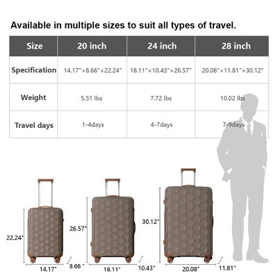 FURNIinspire Bag And Luggage Sets 3 Piece Travel Luggage With Rolling Wheels, Lightweight Hard Shell Suitcase Set, Brown, 20.08"*11.81"*30.12" 4 FURNIinspire Bag And Luggage Sets 3 Piece Travel Luggage With Rolling Wheels, Lightweight Hard Shell Suitcase Set, Brown, 20.08"*11.81"*30.12" - Image 2