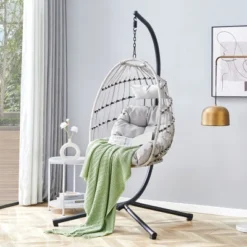 FURNIinspire Patio Swings Hanging Chair With Wicker Weave, Single Person Swing With Seat Cushion For Indoor And Outdoor, Gray, 37“*37"*79" -HV GUEST 6c93ebfa c079 4fce a6eb 38388b5ae650