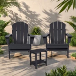 FURNIinspire Patio Seating Sets Folding Adirondack Chairs With Side Table, 3-Piece Rocking Chairs Set With Wood Texture, Black, 30“*28”*35“ -HV GUEST 6d0663c5 6f9f 40c7 858b 781d91cc78e4