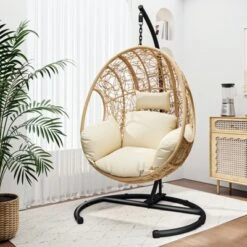 FURNIinspire Patio Swings Hanging Chair With Beige Seat Cushion, Outdoor Indoor Wicker Swing Egg Chair With Stand, Natural Color, 42“*47"*73" -HV GUEST 6f9b6ecc c2a9 4930 904a ba5ad9603f84