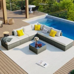 FURNIinspire Patio Seating Sets 8-Pieces Outdoor Wicker Patio Furniture Sets, Conversation Sofa Set, Single Sofa Combinable, Beige, 118“*118”*26“ -HV GUEST 75215b49 70a0 4e5b a33c 63e61841eac6