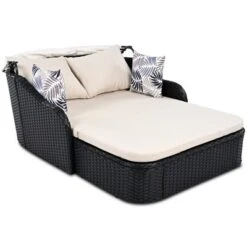 FURNIinspire Patio Chaise Lounges Outdoor Sunbed With Adjustable Canopy, Patio Chaise Lounge, Black Wicker Daybed And Beige Cushion, 79.9“*52.4"*49.6" -HV GUEST 76d9f249 23fc 462c 952d c239e7da9f11