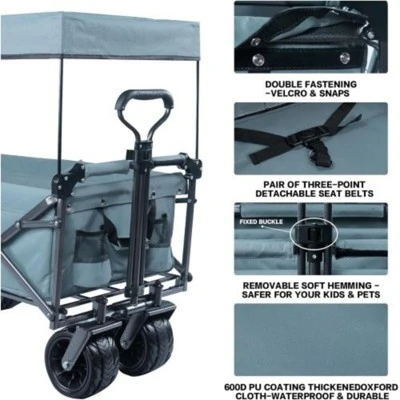 FURNIinspire Outdoor Serving Carts Collapsible Wagon Foldable With Removable Canopy Wheels For All-Terrain Brake For Camping, Gray, 35.4"*19.7"*44.5" 5 FURNIinspire Outdoor Serving Carts Collapsible Wagon Foldable With Removable Canopy Wheels For All-Terrain Brake For Camping, Gray, 35.4"*19.7"*44.5" - Image 3