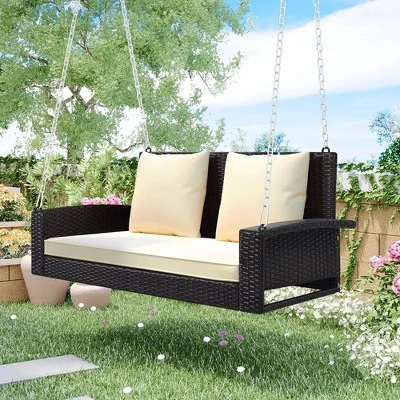 FURNIinspire Patio Swings Wicker Hanging Porch Swing With Chains With Cushion And Pillow, Patio Swing For Backyard, Brown And Beige, 50"*22"*21" 6 FURNIinspire Patio Swings Wicker Hanging Porch Swing With Chains With Cushion And Pillow, Patio Swing For Backyard, Brown And Beige, 50"*22"*21" - Image 4