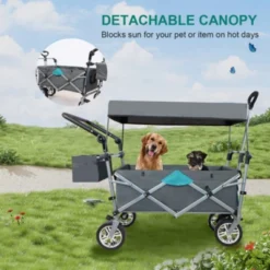 FURNIinspire Outdoor Serving Carts Push Pull Utility Folding Wagon With Removable Canopy For Camping Beach Outdoor, Gray, 50"*20.47"*43.3"