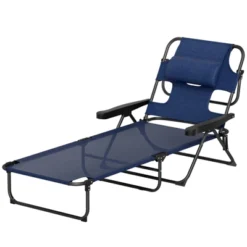 FURNIinspire Outdoor Portable Chair 4 Position Recline Foldable Design With Reading Hole For Poolside Relaxation, Black, Navy Blue, 74.4"*28.3"*32.3" -HV GUEST 858161f4 9447 4e75 b3ab 419712f25af0
