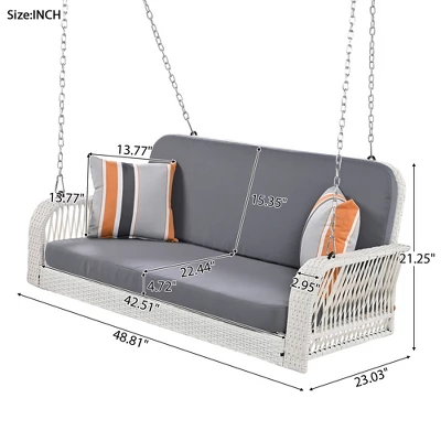 FURNIinspire Patio Swings Wicker Porch Swing, Hanging Bench With Chains, Patio Swing For Backyard Garden Poolside, White And Gray, 49"*20"*22" 4 FURNIinspire Patio Swings Wicker Porch Swing, Hanging Bench With Chains, Patio Swing For Backyard Garden Poolside, White And Gray, 49"*20"*22" - Image 2