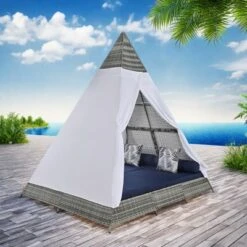 FURNIinspire Patio Chaise Lounges Patio Daybed With Cushions And Tent, Outdoor Wicker Sunbed For Backyard, Garden, Gray And Blue, 72.4“*90.5"*102.4" -HV GUEST 9bff4767 82d4 4c3e b3d7 977073b8cf21