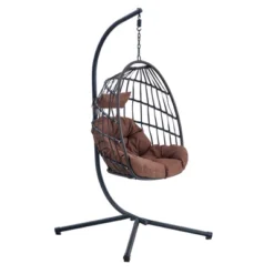 FURNIinspire Patio Swings Hanging Chair With Wicker Weave, Single Person Swing With Brown Seat Cushion For Indoor And Outdoor, Black, 37“*37"*79" -HV GUEST a391c49f aee9 4411 8421 0dda8c7b6cb0