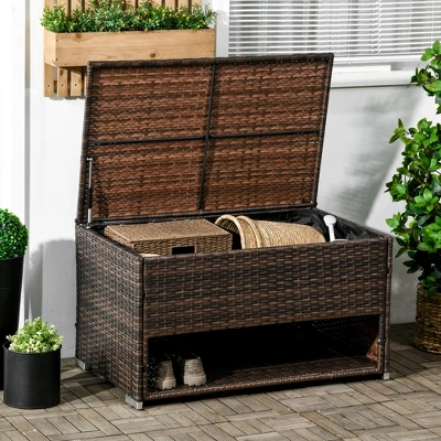 FURNIinspire Utility Storage Cabinet Outdoor Deck Box Shoe Storage PE Rattan Wicker Towel Rack With Liner Cushions, Brown, 39.80"*5.90"*25.00" 4 FURNIinspire Utility Storage Cabinet Outdoor Deck Box Shoe Storage PE Rattan Wicker Towel Rack With Liner Cushions, Brown, 39.80"*5.90"*25.00" - Image 2