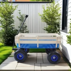 FURNIinspire Wheelbarrows And Lawn Carts Outdoor Wagon Pulling Air Tires Garden Cart, Lawn Cart With Pull Handle, Blue, 39“*19"*20" -HV GUEST acfce321 4d46 4e7c 9ab1 d1582e2c9cca