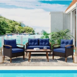 FURNIinspire Patio Seating Sets 4-Pieces Outdoor Wicker Seating Set, Conversation Sofa Set, Sofa Set And Wood Table, Brown And Blue, 46“*25”*28“ 11 FURNIinspire Patio Seating Sets 4-Pieces Outdoor Wicker Seating Set, Conversation Sofa Set, Sofa Set And Wood Table, Brown And Blue, 46“*25”*28“ -HV GUEST ad1583e4 58ed 4b18 a66b 8946f410e908