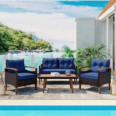 FURNIinspire Patio Seating Sets 4-Pieces Outdoor Wicker Seating Set, Conversation Sofa Set, Sofa Set And Wood Table, Brown And Blue, 46“*25”*28“ 7 FURNIinspire Patio Seating Sets 4-Pieces Outdoor Wicker Seating Set, Conversation Sofa Set, Sofa Set And Wood Table, Brown And Blue, 46“*25”*28“ - Image 5